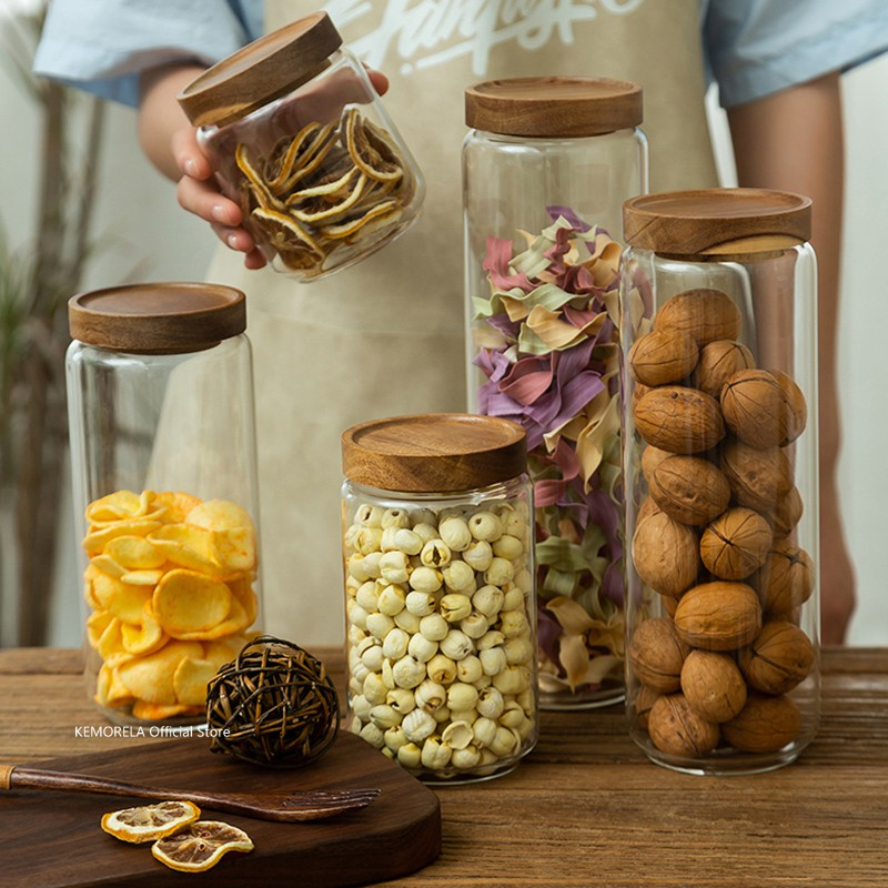 Food Storage Glass Jar - Wood Lid Glass Airtight Canister Kitchen