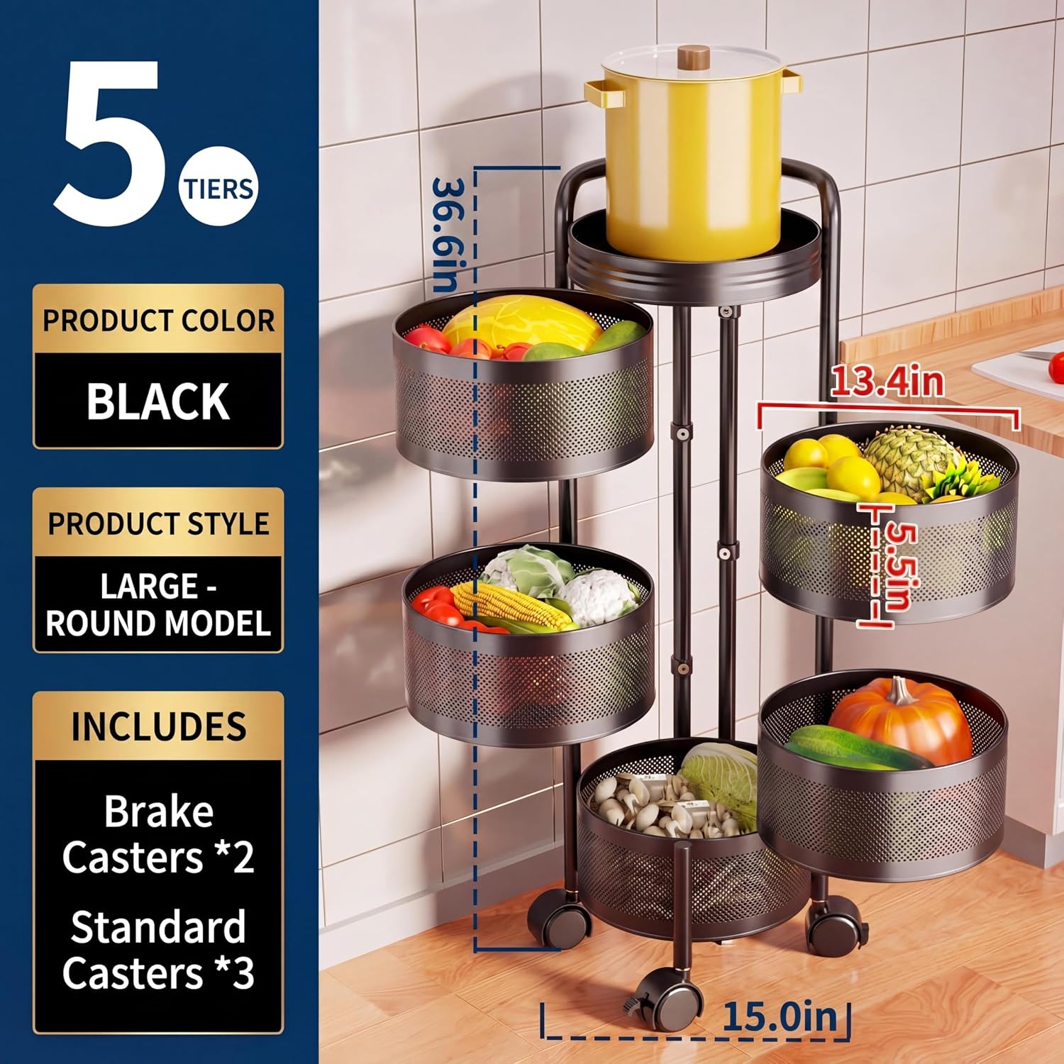 Food Storage With Wheels - 5-Tier Rotating Kitchen Storage Rack with