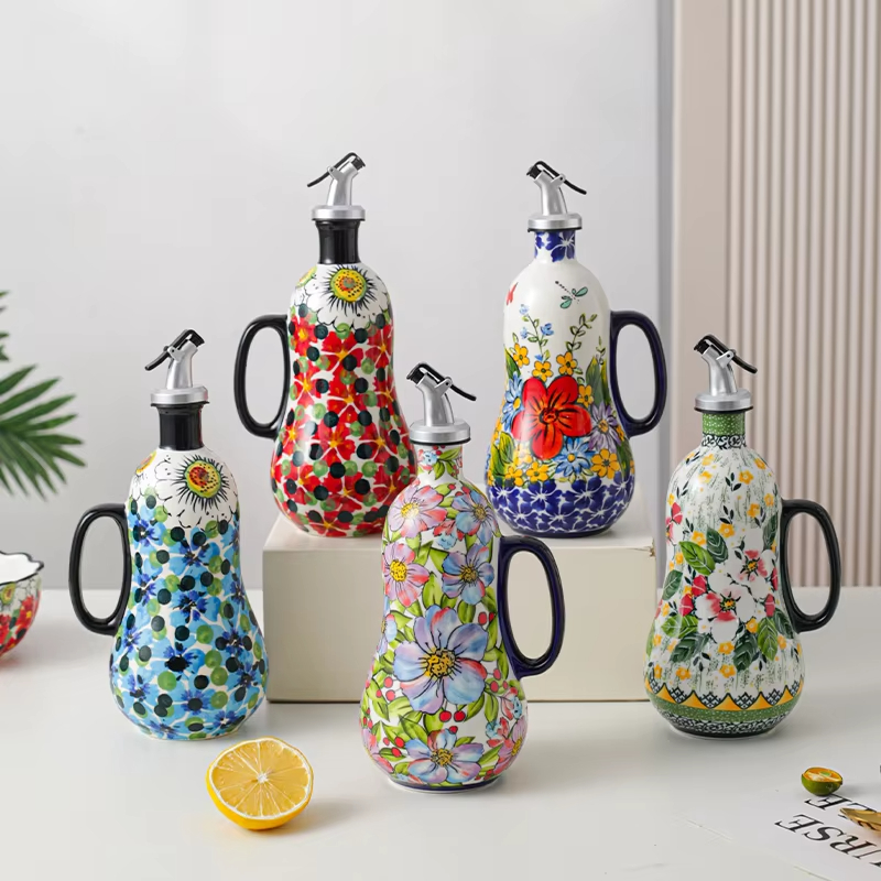 Food Storage Plant - Flowers Plants Ceramic Olive Oil Bottle