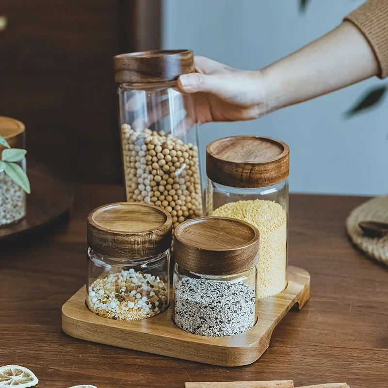 Food Storage Glass Jar - Wood Lid Orgnizer Glass Airtight Canister